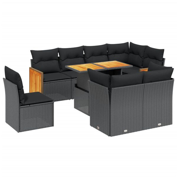 vidaXL Set Divani da Giardino 9 pz con Cuscini Nero in Polyrattan