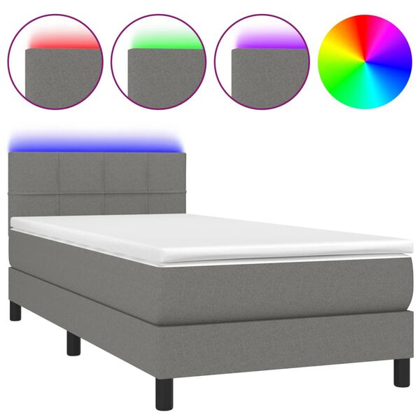 vidaXL Letto a Molle Materasso e LED Grigio Scuro 90x200 cm in Tessuto