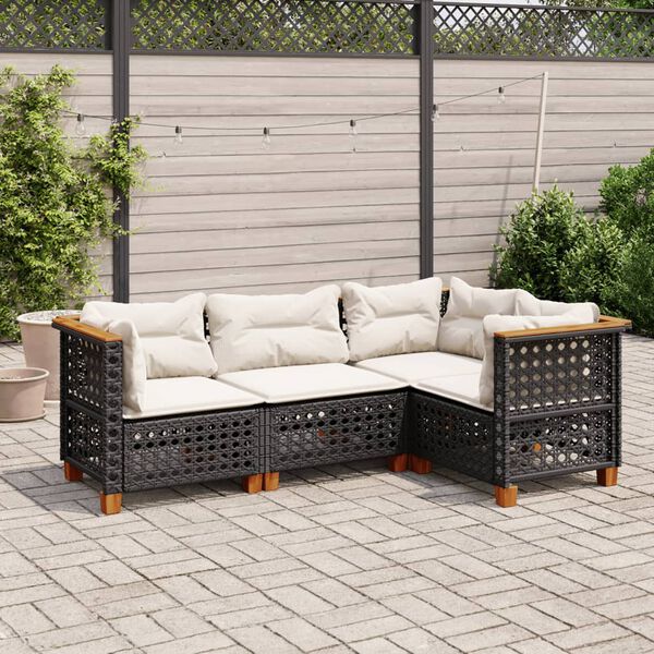 vidaXL Set Divani da Giardino 4 pz con Cuscini Nero in Polyrattan