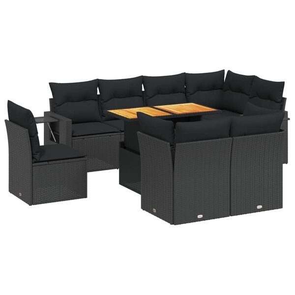 vidaXL Set Divani da Giardino 9 pz con Cuscini Nero in Polyrattan
