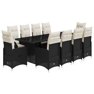 vidaXL Set da Bistr&ograve; da Giardino 11 pz con Cuscini Nero in Polyrattan