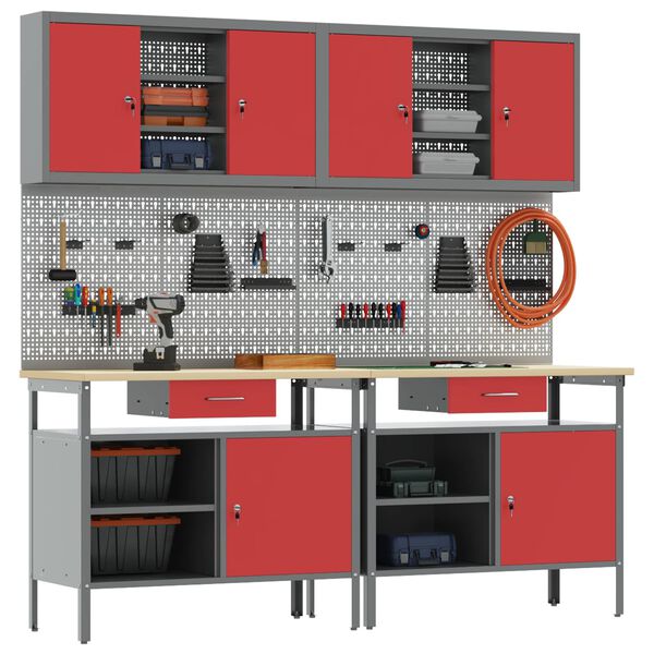 vidaXL Set banco da lavoro 8 pcs Rosso 200 x 55 x 200 cm Acciaio