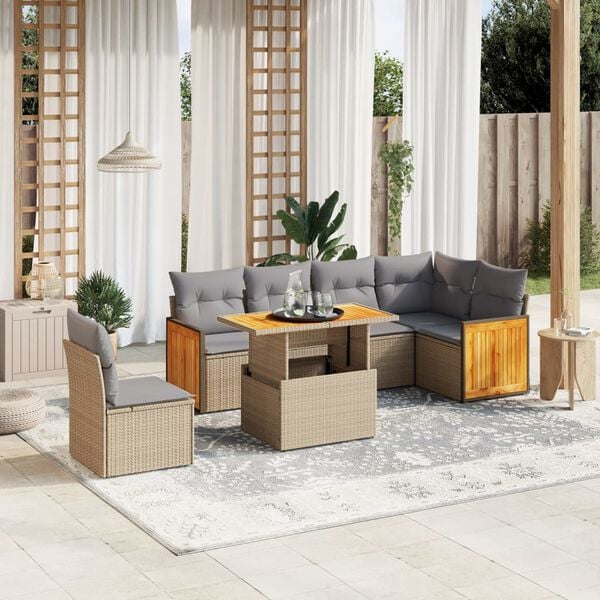 vidaXL Set Divani da Giardino 7 pz con Cuscini Beige in Polyrattan
