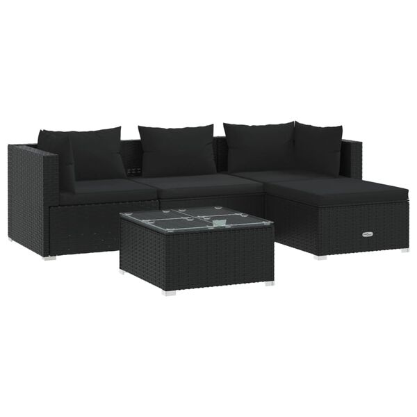 vidaXL Set Divani da Giardino 5 pz con Cuscini in Polyrattan Nero