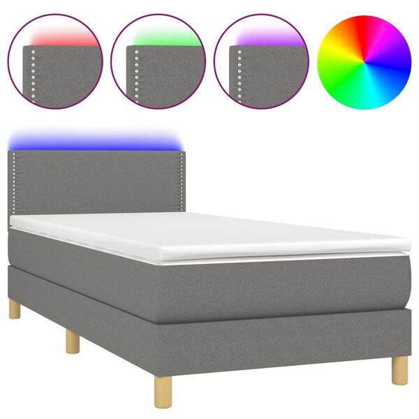 vidaXL Letto a Molle Materasso e LED Grigio Scuro 90x190 cm in Tessuto