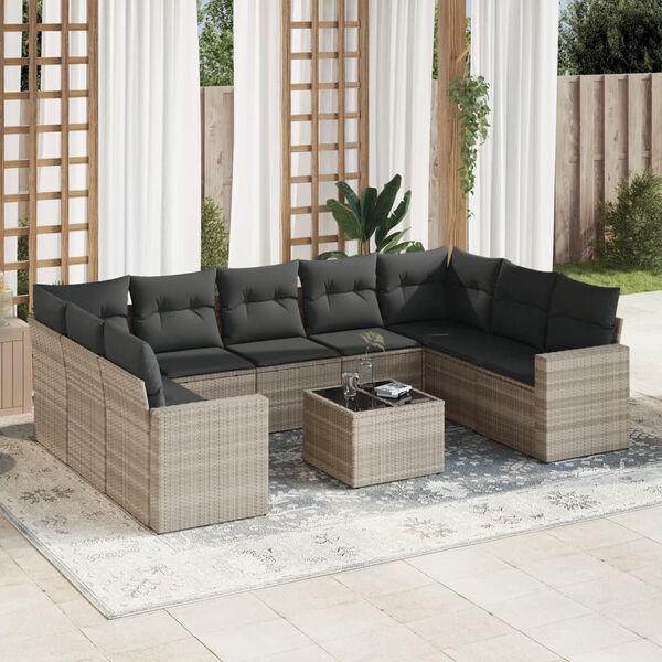 vidaXL Set Divano Giardino 10 pz con Cuscini Grigio Chiaro Polyrattan