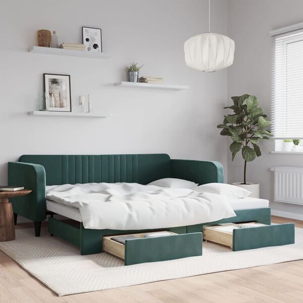 vidaXL Divano Letto Estraibile Cassetti Verde Scuro 100x200cm Velluto