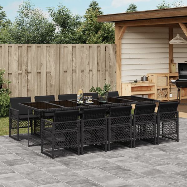 vidaXL Set da Pranzo da Giardino 11 pz con Cuscini in Polyrattan Nero
