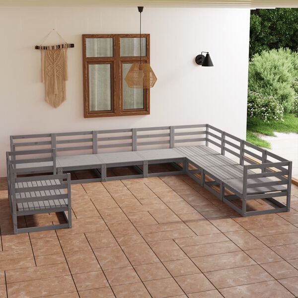 vidaXL Set Divani da Giardino 10 pz Grigio in Legno Massello di Pino