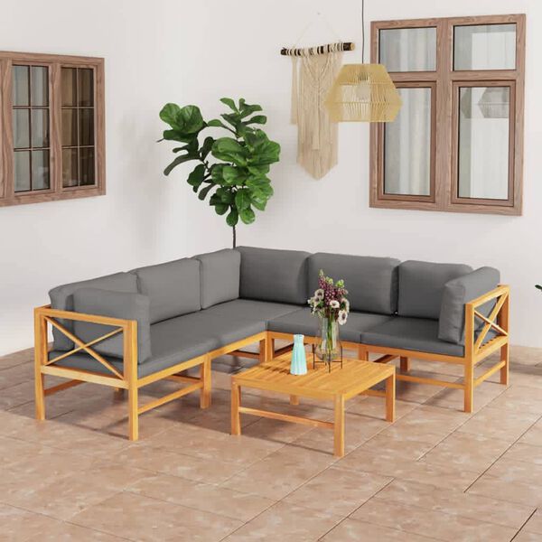 vidaXL Set Divani da Giardino 6pz Cuscini Grigi Legno Massello di Teak