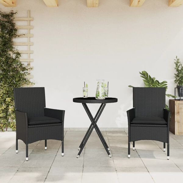 vidaXL Set da Bistrò 3 pz con Cuscini Nero Polyrattan e Vetro