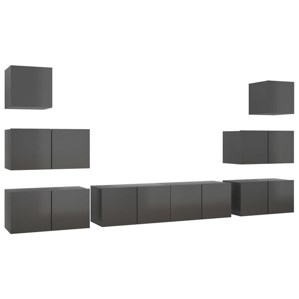 vidaXL Set Mobili TV 8 pz Grigio Lucido in Legno Multistrato