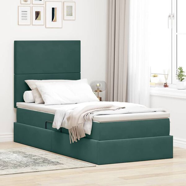 vidaXL Letto con contenitore e LED Verde Scuro 90 x 190 cm Velluto