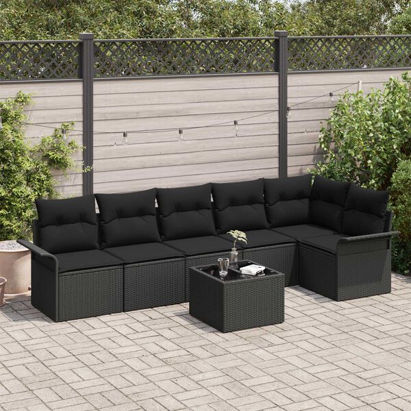 vidaXL Set Divano da Giardino con cuscino 7 pcs Nero Poly Rattan