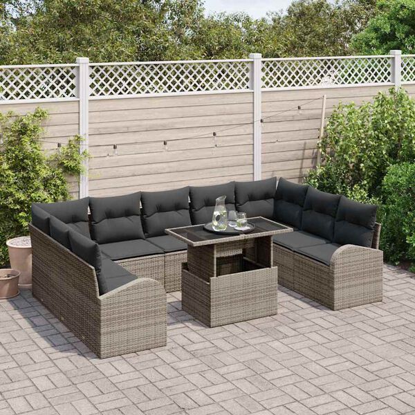 vidaXL Set Divano da Giardino con cuscino 10 pcs Grigio Poly Rattan