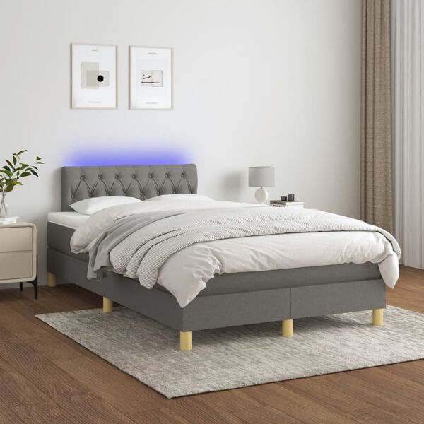 vidaXL Letto a Molle Materasso e LED Grigio Scuro 120x190cm in Tessuto