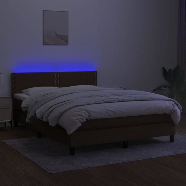 vidaXL Letto a Molle Materasso e LED MarroneScuro 140x190cm in Tessuto