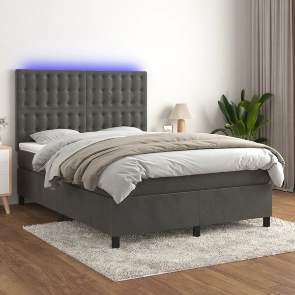 vidaXL Letto a Molle con Materasso e LED Grigio Scuro 140x200 cm