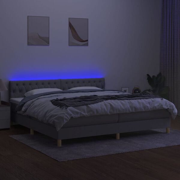 vidaXL Letto a Molle Materasso e LED Grigio Chiaro 200x200 cm Tessuto