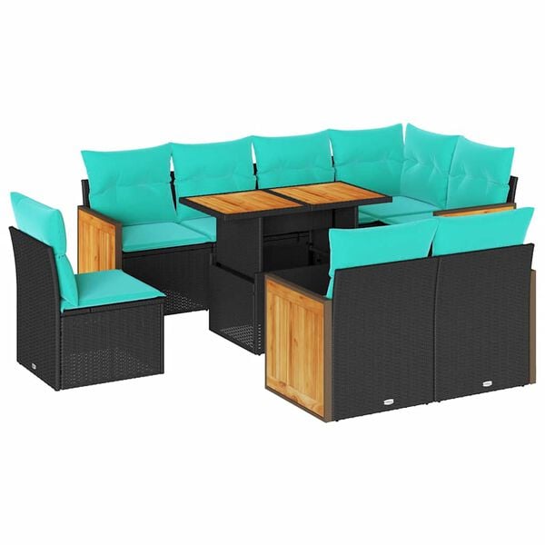 vidaXL Set Divani da Giardino 9 pz con Cuscini Nero Polyrattan Acacia