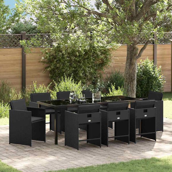 vidaXL Set da Pranzo per Giardino con cuscino 9 pcs Nero polyrattan