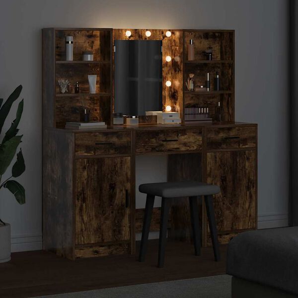 vidaXL Set da tavolo da trucco con LED con cassetto 3 pcs Rovere fum&eacute;