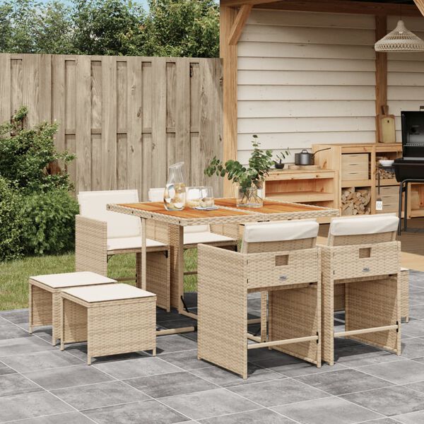 vidaXL Set da Pranzo da Giardino 9 pz con Cuscini Beige in Polyrattan