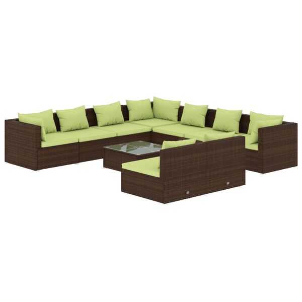 vidaXL Set Divani da Giardino 10 pz con Cuscini in Polyrattan Marrone