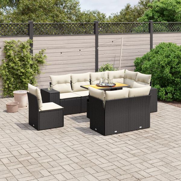 vidaXL Set Divani da Giardino 9 pz con Cuscini Nero in Polyrattan