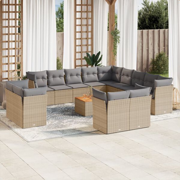 vidaXL Set Divano da Giardino 14 pz con Cuscini Beige Misto Polyrattan