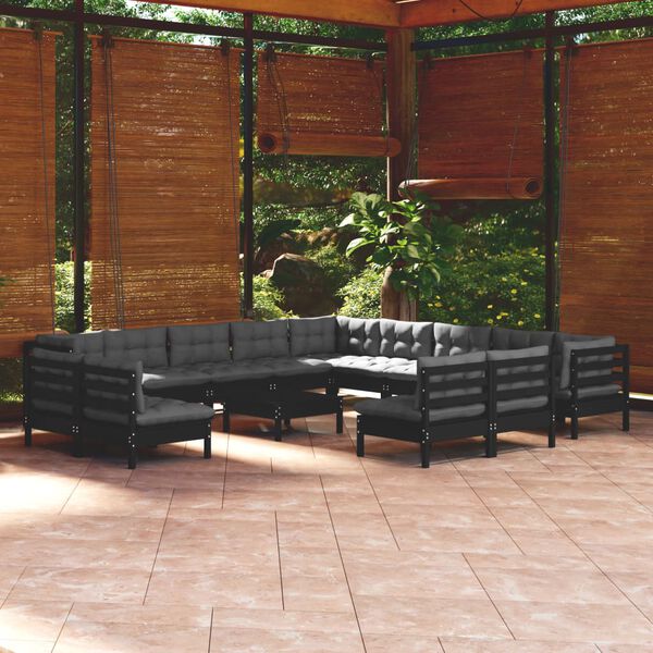 vidaXL Set Divani da Giardino 14 pz con Cuscini Neri Legno di Pino