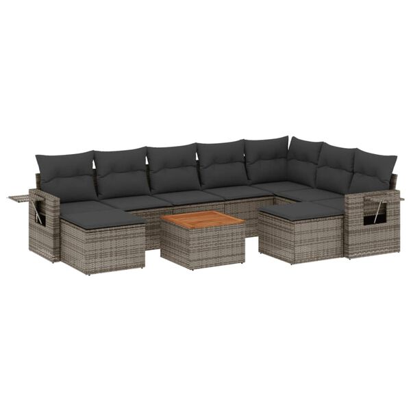 vidaXL Set Divano da Giardino 10 pz con Cuscini Grigio in Polyrattan
