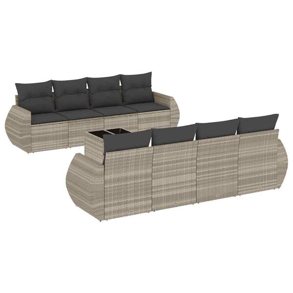 vidaXL Set Divano da Giardino 9pz con Cuscini Grigio Chiaro Polyrattan