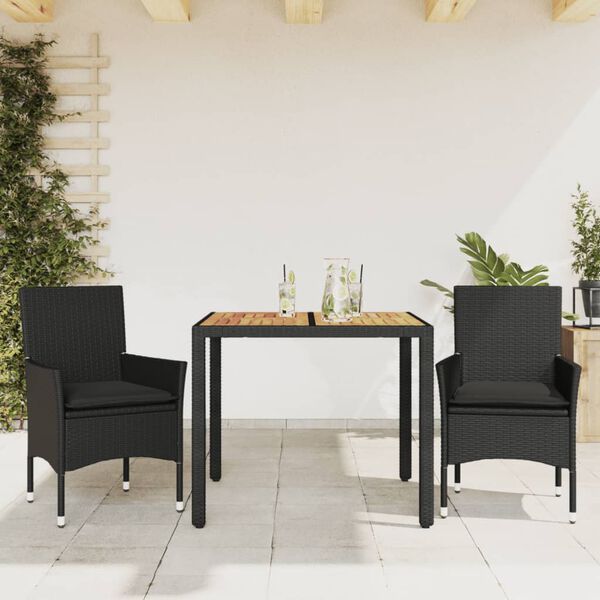 vidaXL Set Pranzo da Giardino 3 pz con Cuscini Nero Polyrattan Acacia