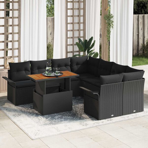 vidaXL Set Divano da Giardino con archiviazione 9 pcs Nero Poly Rattan
