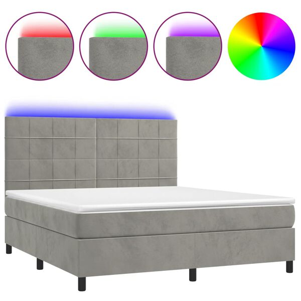 vidaXL Letto a Molle Materasso e LED Grigio Chiaro 160x200 cm Velluto
