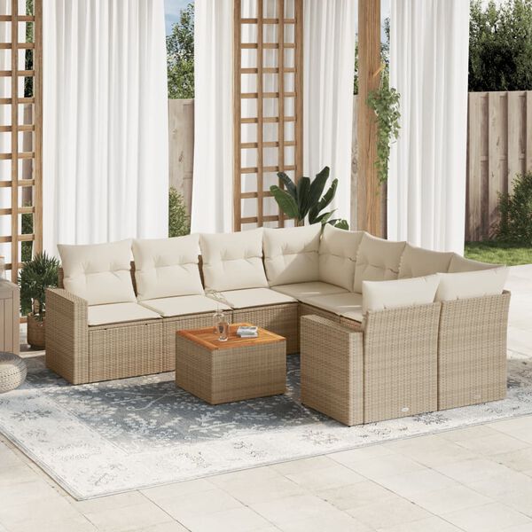 vidaXL Set Divano da Giardino 9 pz con Cuscini Beige in Polyrattan