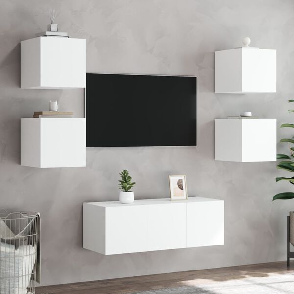 vidaXL Mobili TV a Muro con LED 6pz Bianchi in Legno Multistrato