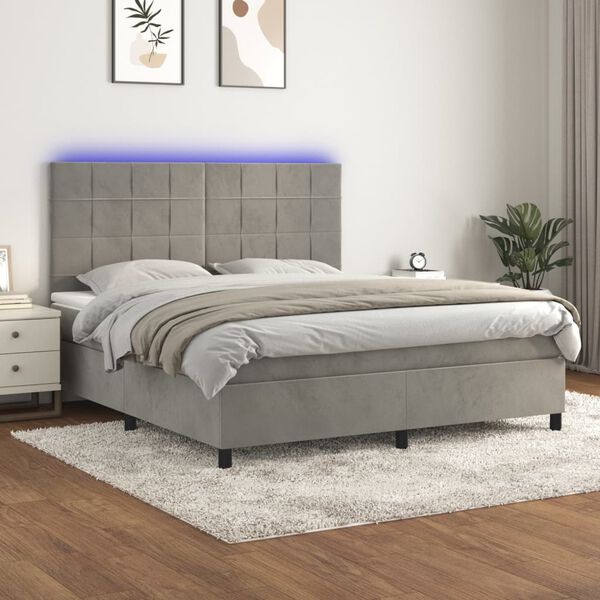 vidaXL Letto a Molle Materasso e LED Grigio Chiaro 160x200 cm Velluto