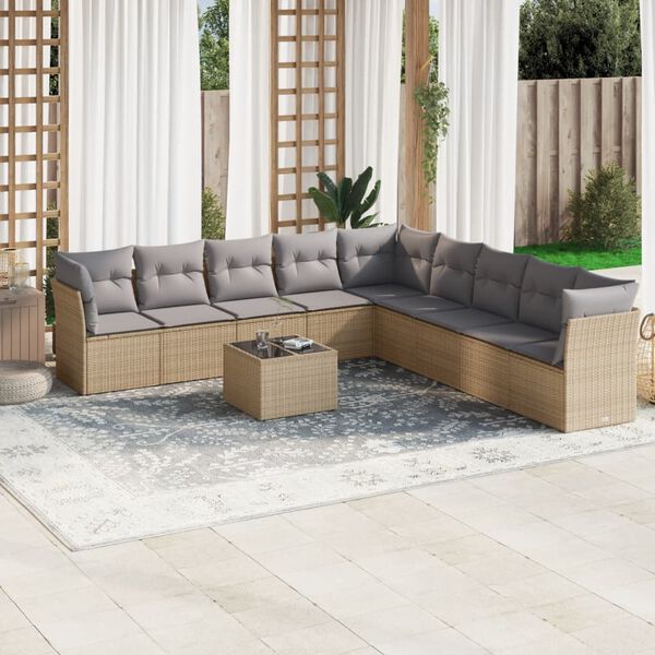 vidaXL Set Divano da Giardino 10 pz con Cuscini Beige in Polyrattan