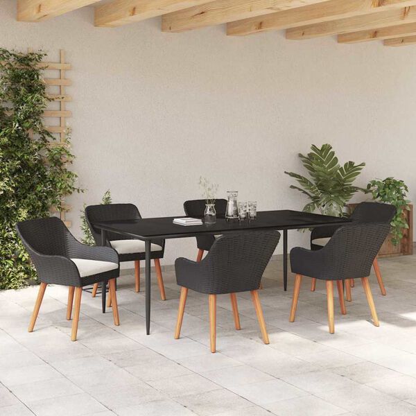 vidaXL Set da Pranzo per Giardino con cuscino 7 pcs Nero polyrattan