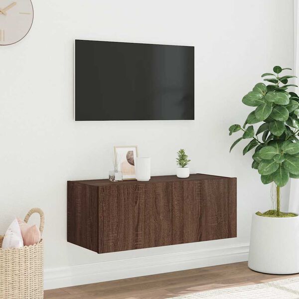 vidaXL Mobile TV a Parete con Luci LED Rovere Marrone 80x35x31 cm