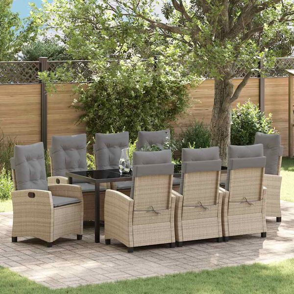 vidaXL Set da Pranzo per Giardino con cuscino 9 pcs Beige polyrattan