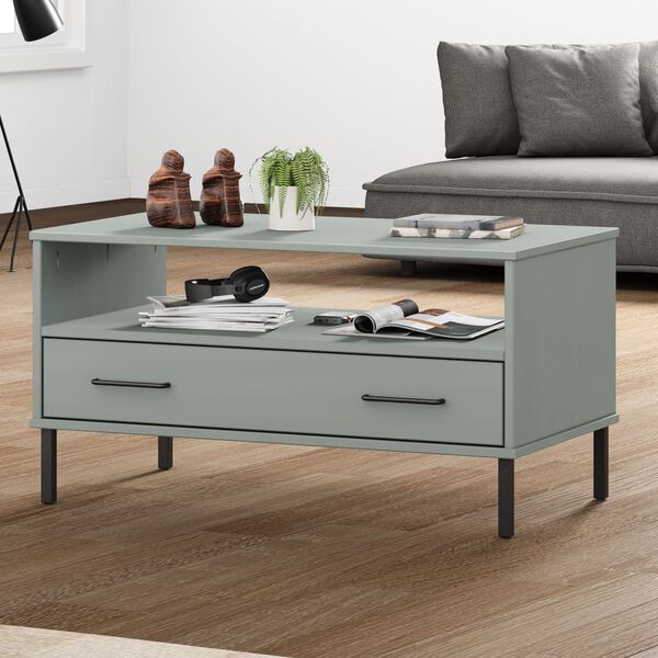 vidaXL Tavolino Gambe Metallo Grigio 85x50x45 cm Legno Massello OSLO