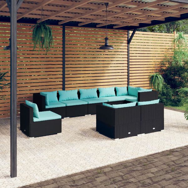 vidaXL Set Divani da Giardino 9 pz con Cuscini in Polyrattan Nero