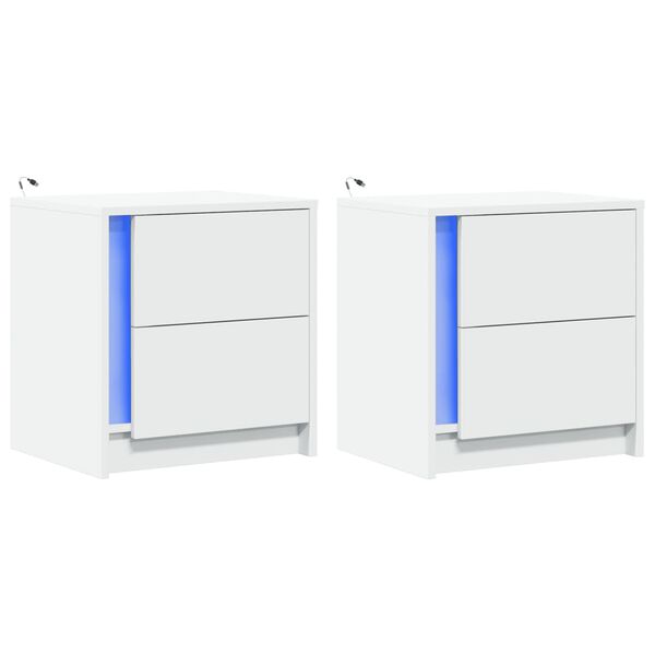vidaXL Comodini con Luci LED 2pz Bianchi in Legno Multistrato