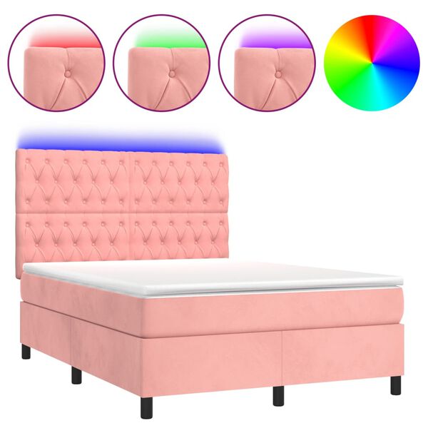 vidaXL Letto a Molle con Materasso e LED Rosa 140x190 cm in Velluto