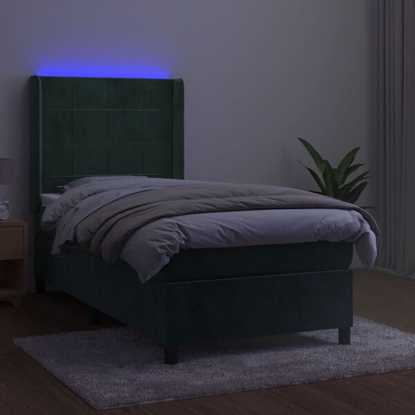 vidaXL Letto a Molle con Materasso e LED Verde Scuro 100x200cm Velluto