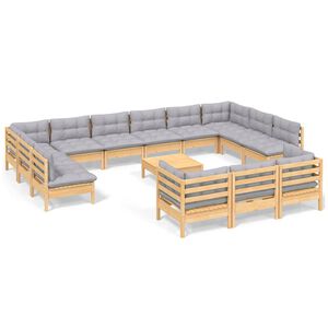 vidaXL Set Divani da Giardino 14 pz con Cuscini Grigi Massello di Pino