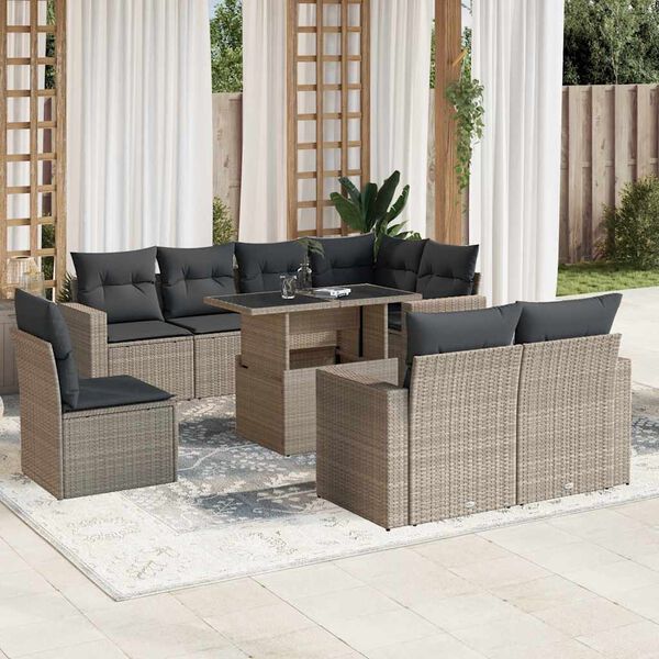 vidaXL Set Divano da Giardino 9pz con Cuscini Grigio Chiaro Polyrattan